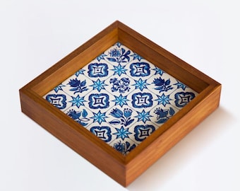 Handcrafted Wood Tile Tray, Blue White Decorative Serving Tray, Azulejo Home Decor Gift