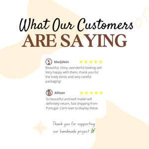 May include: Image featuring customer testimonials with the headline "What Our Customers ARE SAYING." The reviews highlight positive experiences with the products, mentioning quality and careful packaging. The image also includes a thank you message.