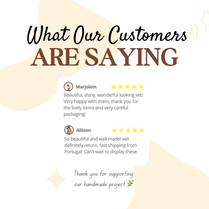 May include: Image featuring customer testimonials with the headline "What Our Customers ARE SAYING." The reviews highlight positive experiences with the products, mentioning quality and careful packaging. The image also includes a thank you message.