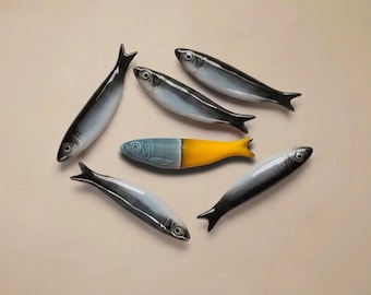 Hand-Painted Glazed Ceramic Sardine Wall Art Set of 6, "Be Unique" Mediterranean Ocean Fish Kitchen Decor, Unique Housewarming Gift