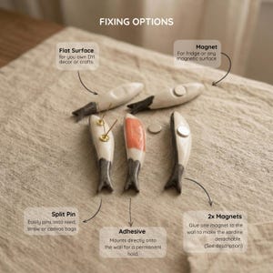 Pu&ograve; includere: Immagine di decorazioni a forma di sardina con varie opzioni di fissaggio. Le opzioni includono superficie piana, magnete, spilla spezzata, adesivo e 2 magneti. Le sardine sono bianche, grigie e arancioni, con pinne caudali nere. Il testo "FIXING OPTIONS" &egrave; in alto.