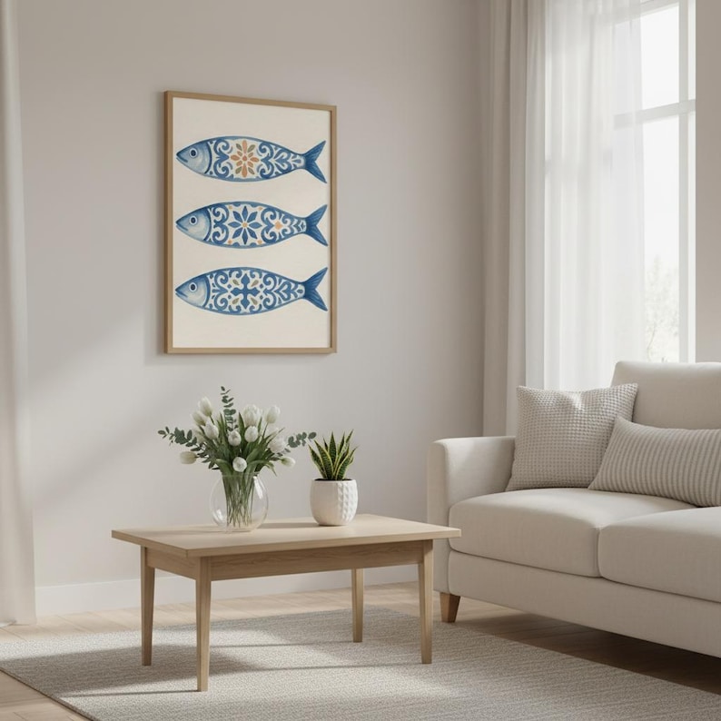 Blue tile sardine wall art framed above sofa, Portuguese azulejo fish print for coastal home decor.