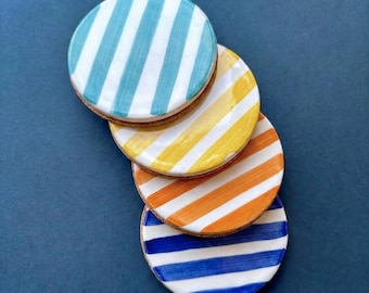 Set of 4 Hand Painted Ceramic Coasters, Circus Coasters. Candy Stripe Mediterranean Drink Coasters, Colorful Modern Home Decor