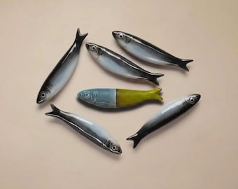 Set of 6 Handmade Ceramic Sardine Wall Decor, "Be Unique" Coastal Fish Wall Art, Portuguese Pottery Fish, Fish Lovers Gift, Home Decor