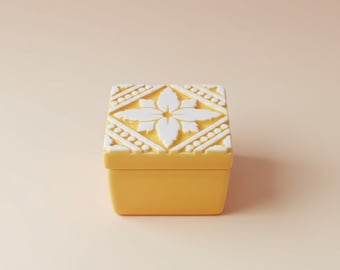 Yellow Ceramic Trinket Box, Azulejo Tile Pattern Keepsake Box, Mustard Square Lidded Box, Boho Vanity Decor, Thoughtful Gift for Her
