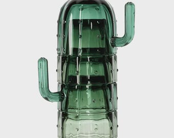 Cactus Glassware Set of 4, Stackable Green Mugs and Cups, Recycled Glass