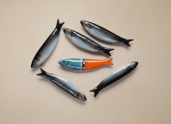 Set of 6 Handmade Portuguese Ceramic Sardines, "Be Unique" Wall Art, Portuguese Pottery Fish, Mediterranean Kitchen Decor, Beach House Gift