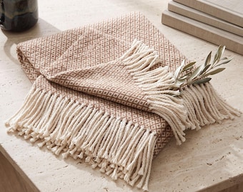 Portuguese Artisan Woven Blanket, Heavyweight Cotton Wool Throw, Traditional Fringed Blanket, Cozy Neutral Home Decor, Handmade Bed Runner