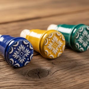 May include: Three ceramic bottle stoppers in blue, yellow, and teal, each with a white floral design on the top. The stoppers are arranged on a wooden surface, showcasing their decorative patterns and colours.