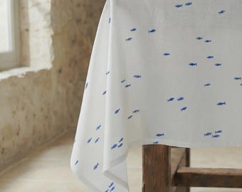 Nautical Blue Fish Tablecloth, Coastal Cotton Table Cover, Beach House Dining Decor, Summer Table Setting
