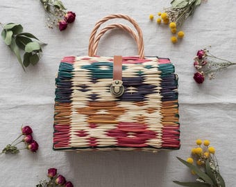 Handmade Woven Reed Basket Bag | Artisan Colorful Straw Tote & Summer Handbag