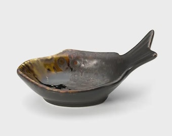 Ceramic Fish Dish, Dark Reactive Glaze Bowl, Rustic Tapas Bowl, Portuguese Pottery, Small Sauce Dish, Seafood Serving Plate, Spoon Rest