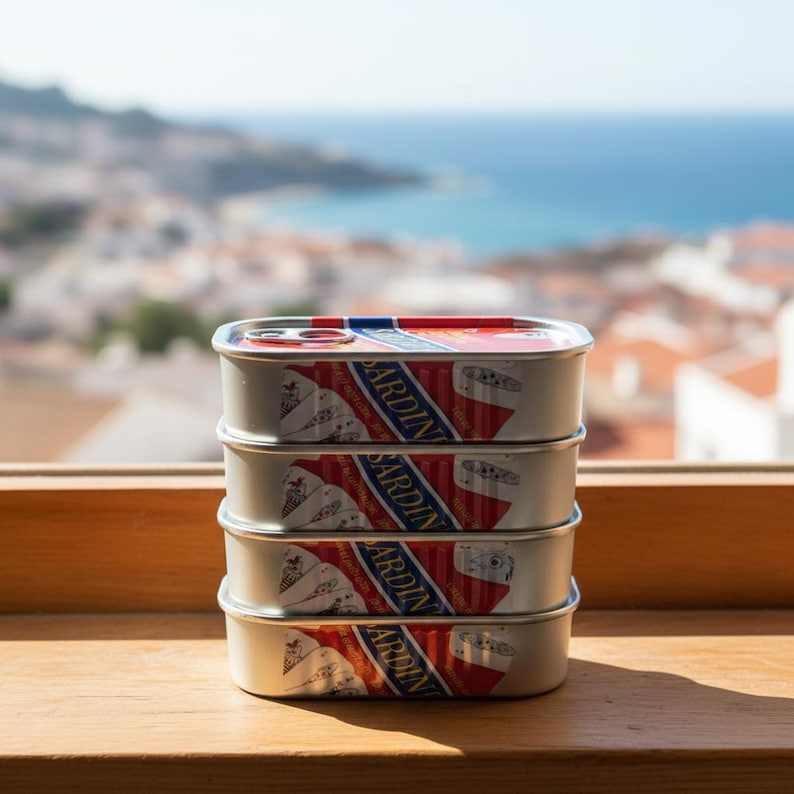 May include: A stack of four rectangular sardine cans. The cans are silver with red and white striped labels and the word "SARDIN" in a blue banner. The background shows a coastal view with a blue ocean and buildings.