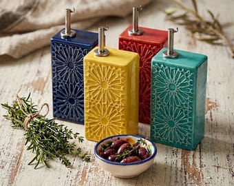 Handmade Portuguese Ceramic Olive Oil Dispenser, Geometric Hand-Painted Stoneware Vinegar Pourer, Unique Kitchen Table Decor Gift