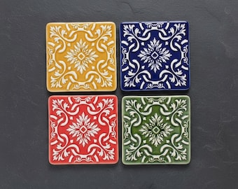 Hand-Painted Portuguese Azulejo Style Ceramic Coasters, Set of 4 Tile Drinkware, Rustic HomeDecor Gift Set