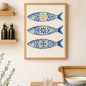 Portuguese tile sardine wall art framed on kitchen wall, blue fish print coastal home decor.