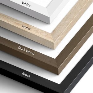 Frame color options for Portuguese sardine wall art: white, natural wood, dark wood, and black.
