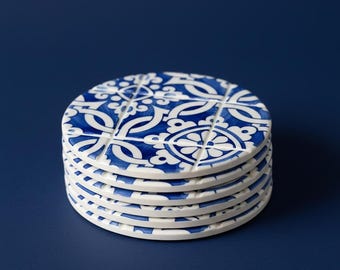 Azulejo Tile Coaster Set: Portuguese Ceramic, Blue & White Mosaic Homeware