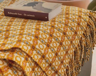 Handmade Merino Wool Throw Blanket, Geometric Wool Blanket, Boho Home Decor, Honeycomb Fringe Blanket