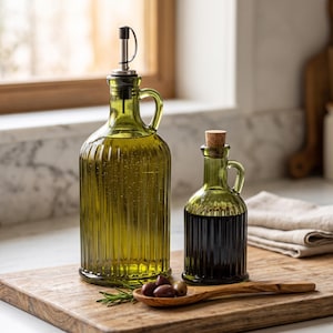 Puede incluir: Dos botellas de vidrio verde oliva con texturas acanaladas verticales y asas laterales. La botella más grande cuenta con un vertedor de acero inoxidable, mientras que la más pequeña está sellada con un tapón de corcho. Una cuchara de madera con aceitunas.