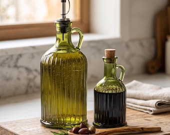 Olive Oil Dispenser Bottle, Green Recycled Glass Cruet Set, Portuguese Kitchen Decor, Housewarming Gift