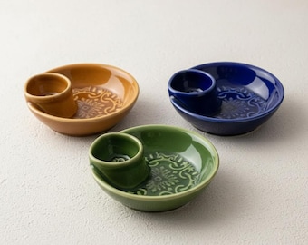 Portuguese Ceramic Aperitivo Plate, Handcrafted Tapas Dish with Olive Well, Artisan Stoneware Dipping Bowl, Unique Housewarming Gift