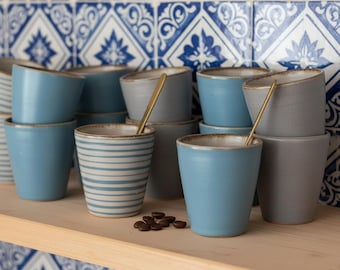 Set of 4 Hand Painted Ceramic Espresso Cups, Striped Stoneware Blue and Grey Pottery, Rustic Wabi Sabi Demitasse Set, Coffee Lover Gift