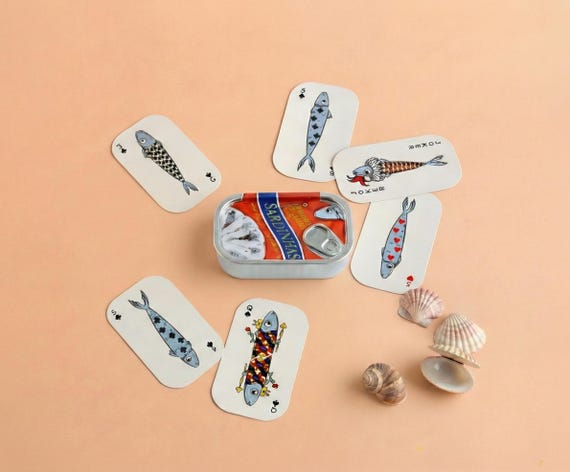 Retro Tinned Fish Poker Deck of Cards, Unique Sardine Tin Can Playing Cards, Portuguese Souvenir, Sardine Lover Gift