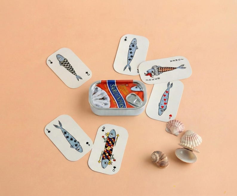 Retro Tinned Fish Poker Deck of Cards, Unique Sardine Tin Can Playing Cards, Portuguese Souvenir, Sardine Lover Gift image 1