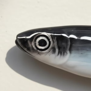 May include: A ceramic fish figurine with a black and white design. The fish has a detailed eye and a streamlined body. The color palette includes black, white, and shades of blue, creating a realistic appearance. The figurine is likely a decorative item.