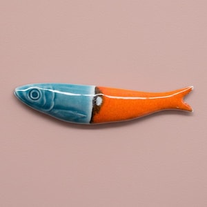 Handmade Portuguese Ceramic Sardine: Blue & Orange Glazed Ceramic Fish Ornament, Traditional Kitchen Art, Colorful Portuguese Wall Decor