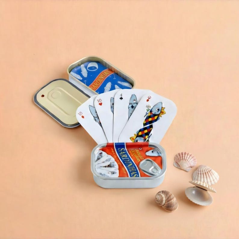 Retro Tinned Fish Poker Deck of Cards, Unique Sardine Tin Can Playing Cards, Portuguese Souvenir, Sardine Lover Gift image 3