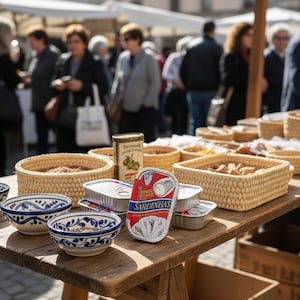 May include: A wooden table displays various food items at an outdoor market. Woven baskets hold snacks, and small ceramic bowls with blue and white patterns are visible. Canned sardines with red and white labels are also present, along with a tin of olives.