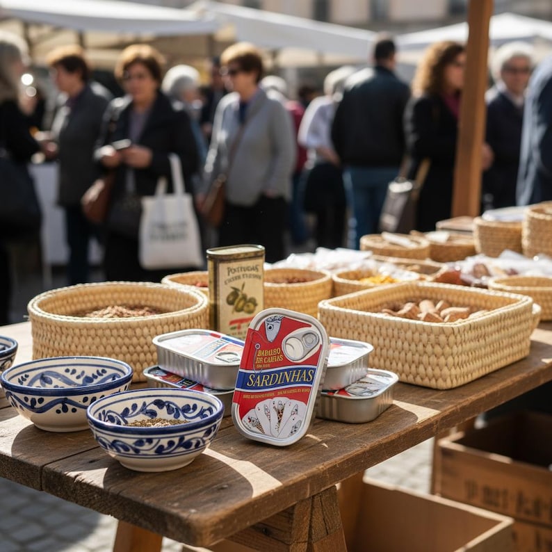 May include: A wooden table displays various food items at an outdoor market. Woven baskets hold snacks, and small ceramic bowls with blue and white patterns are visible. Canned sardines with red and white labels are also present, along with a tin of olives.
