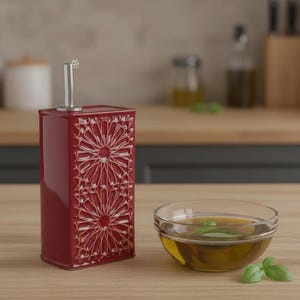 May include: A burgundy ceramic oil dispenser with a stainless steel spout and a decorative white geometric pattern. A small glass bowl of olive oil and basil leaves are next to the dispenser on a wooden surface.