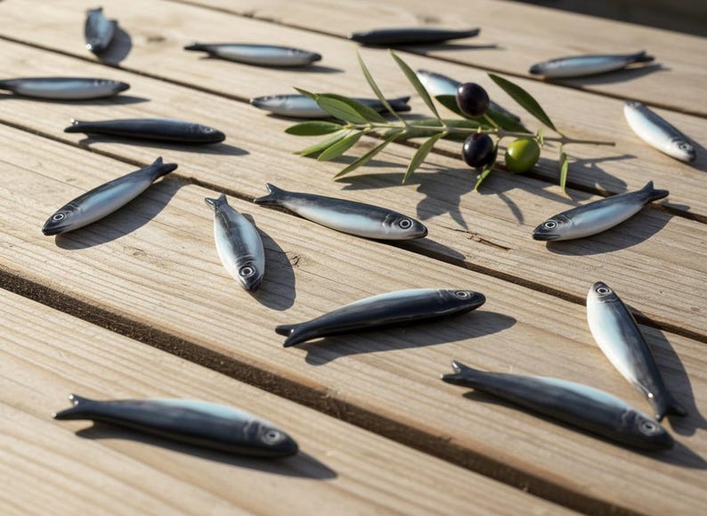May include: Ceramic sardine figurines in various positions on a wooden surface. Some sardines are dark gray, others are light gray with white bellies. Olive branch with green and black olives adds a natural touch.