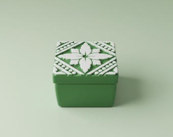 Green Ceramic Keepsake Box, Azulejo Tile Pattern Trinket Box, Handcrafted Square Lidded Box, Boho Vanity Decor, Unique Gift for Women