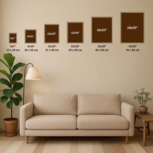 Wall art size comparison chart from 5x7 to 18x25 inches for Portuguese sardine azulejo tile print.