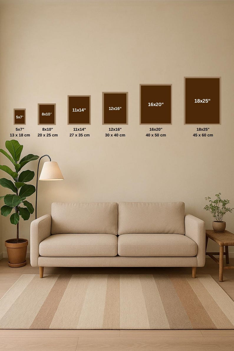 Wall art size comparison chart from 5x7 to 18x25 inches for Portuguese sardine azulejo tile print.