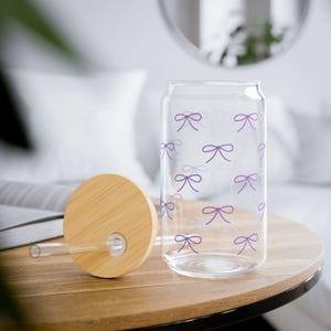 Purple Bow Glass Tumbler, Hand-Drawn Style Sipper Glass, 16oz Mug, Cocktail Cup, Drinking Glassware, Kitchen Decor, Unique Gift