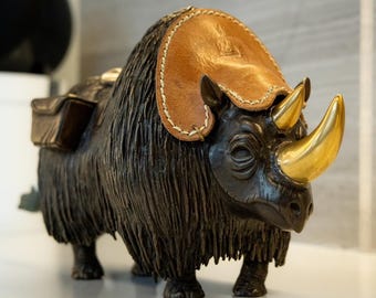 Handcrafted Brass Rhino Yak Sculpture – Leather Accent Home Decor