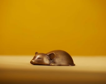 Handmade Sleeping Mouse Brass Sculpture – Zodiac Rat Figurine
