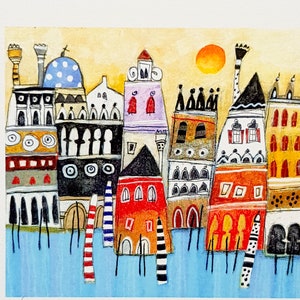 Abstract Venice view, art print of Venetian palace, colored houses in laguna