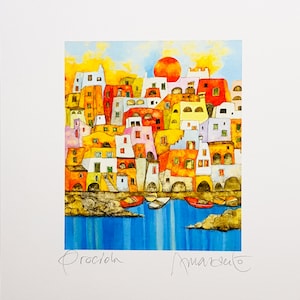 May include: A watercolor painting of a colorful Italian village with a red sun setting over the water. The painting is signed "Procloh" and "Amarseto".