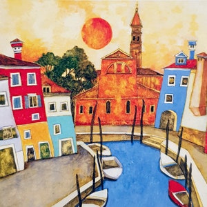 Burano houses with canal and San Martino church, Burano, digital print of the city of Venice with passepartout, colored Venetian houses