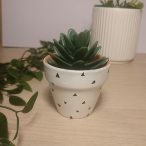 May include: A small white terracotta pot with black triangle patterns, containing a green succulent plant.