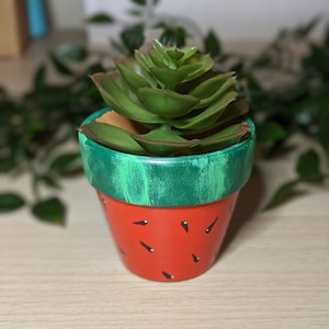 May include: A small succulent plant in a terracotta pot painted to look like a watermelon. The pot is green on top and red on the bottom with black seeds.