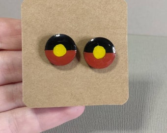Aboriginal Flag Wooden Stud Earrings, Aboriginal Jewelry Australia