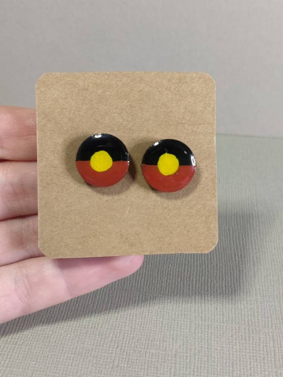 Aboriginal Flag Wooden Stud Earrings, Aboriginal Jewelry Australia