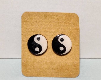 Ying & Yang Earrings, Handpainted Wooden Studs, Custom Jewelry